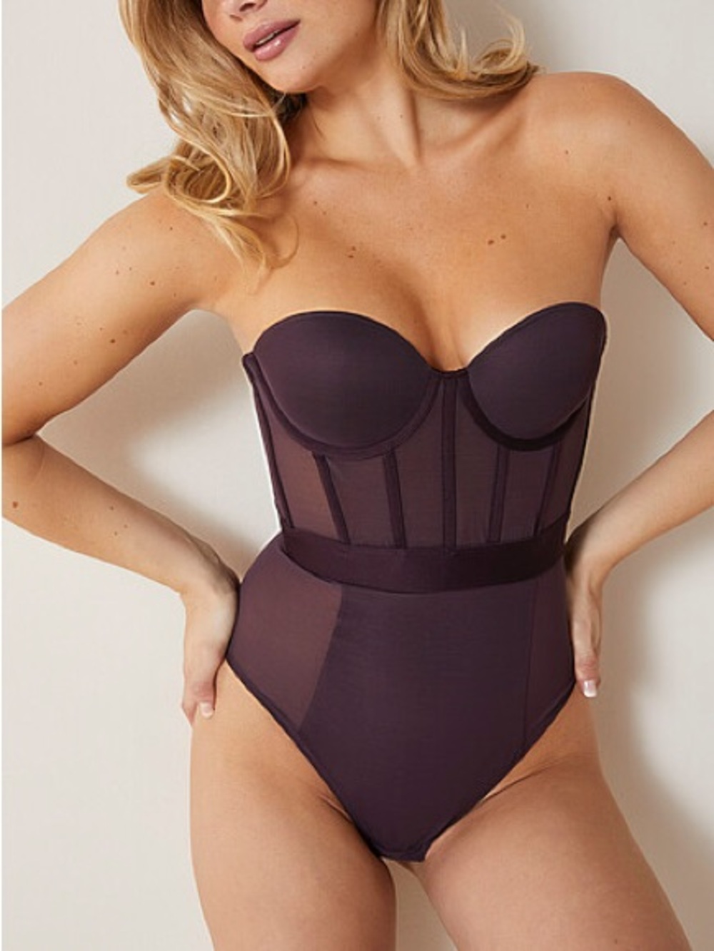 DKNY Sheer Mesh Panel Thong Bodysuit in Plum Women's Intimates Size 32 B Size XS